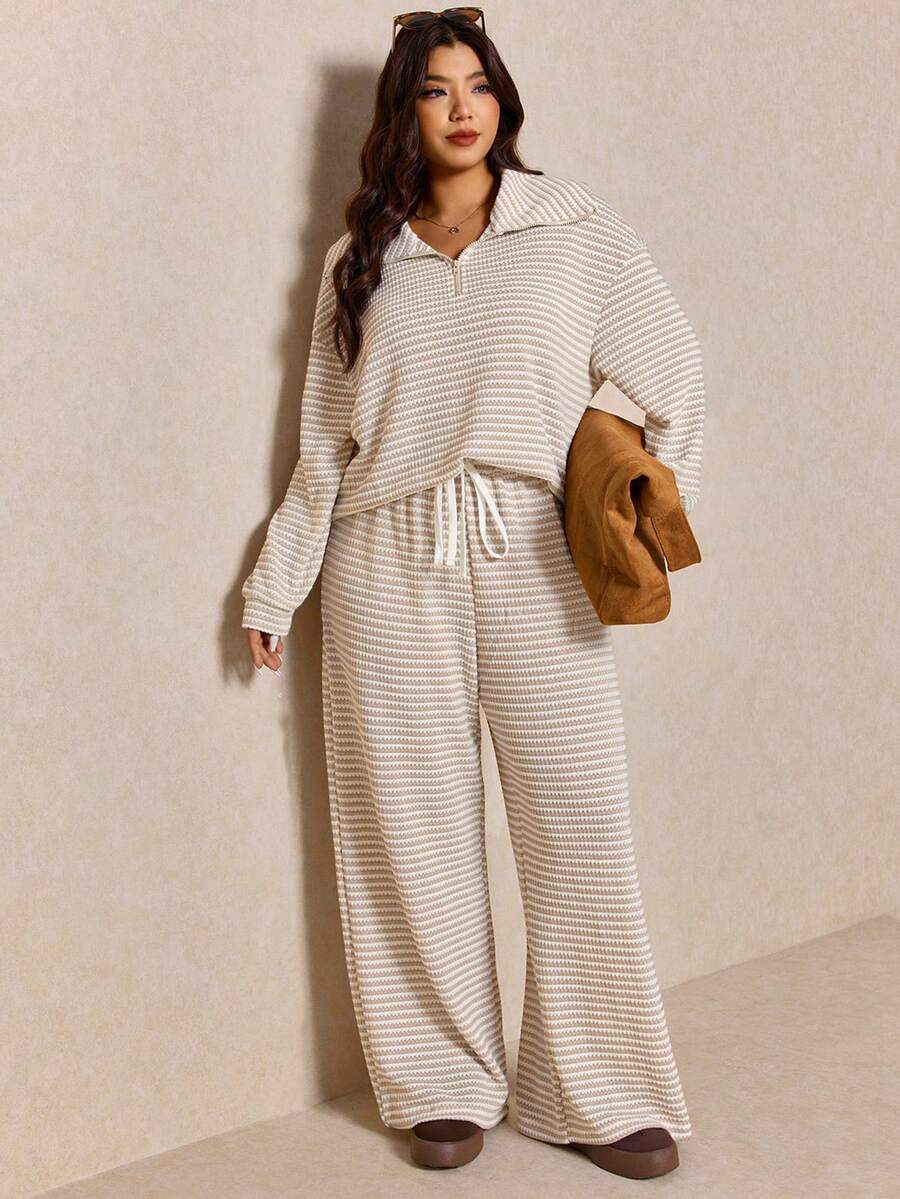 Elaquor Plus Size Dames Effen Kleur Drop Schouder Lange Mouw Ritssluiting Halve Sluiting Hoodie en Broek Casual 2-delige Set, Herfst