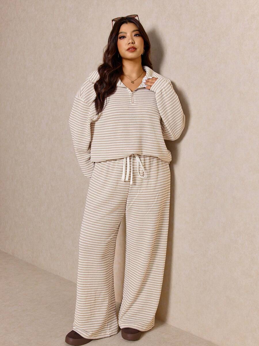 Elaquor Plus Size Dames Effen Kleur Drop Schouder Lange Mouw Ritssluiting Halve Sluiting Hoodie en Broek Casual 2-delige Set, Herfst