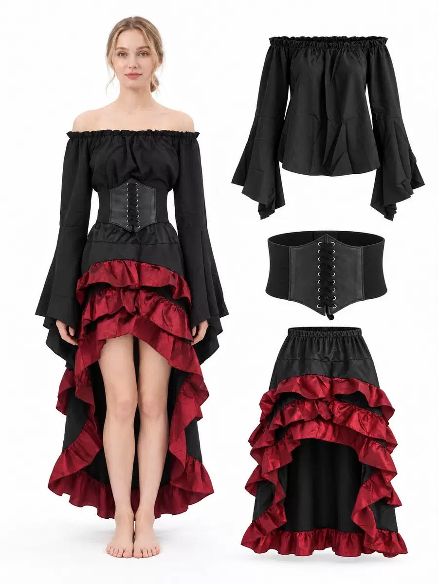 DALIA – Gothic Ruffle Halloween Costume - Black & Burgundy