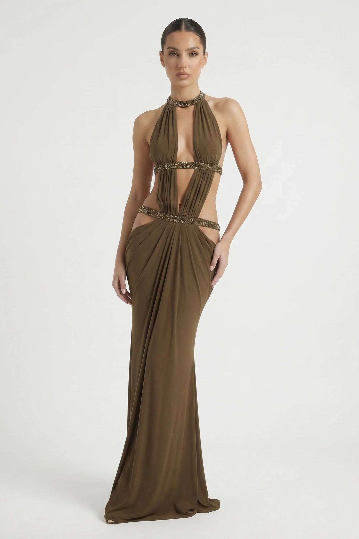 DALIA - Cutout Ruched Backless Dress - Brown
