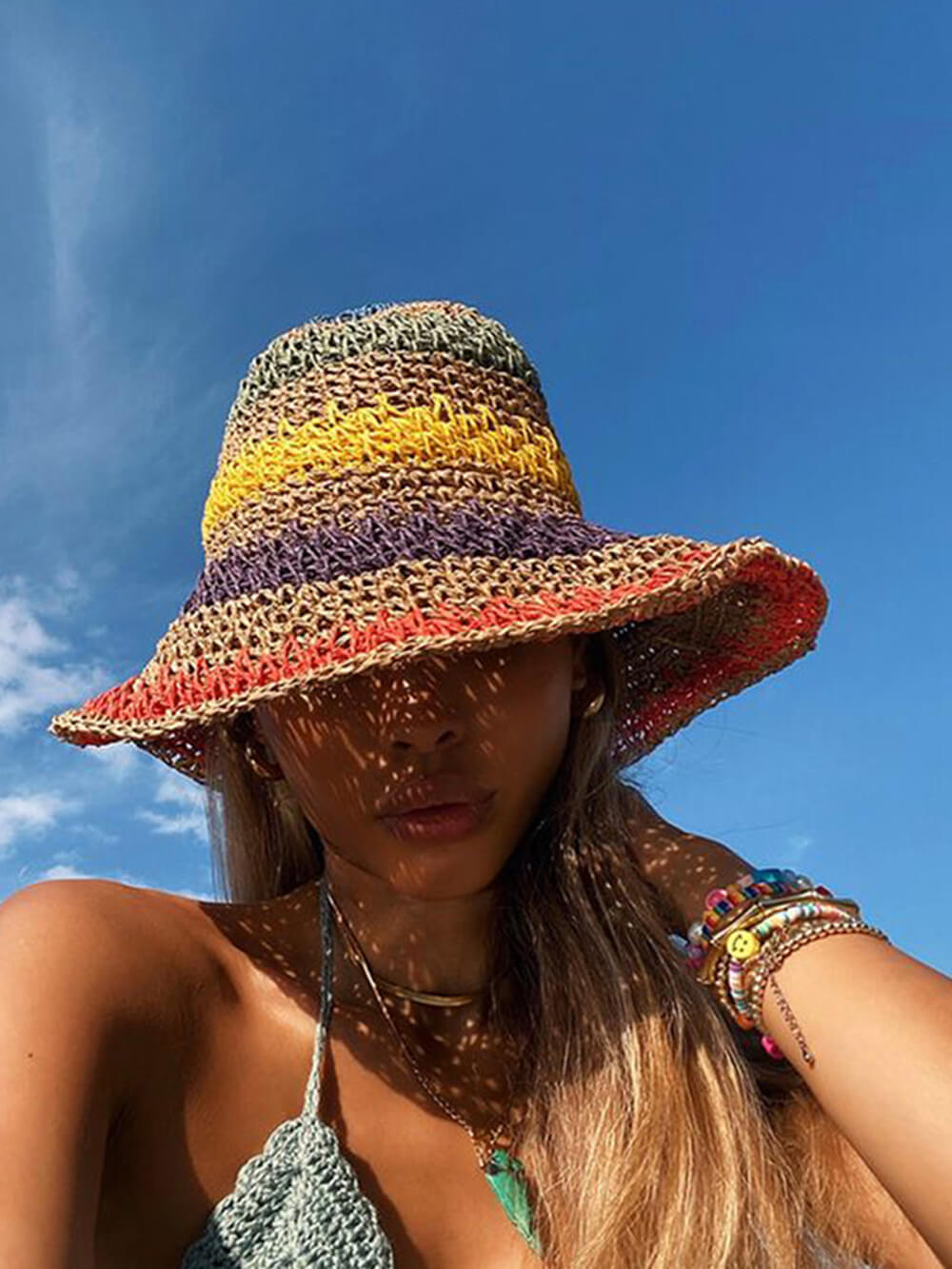 DALIA - Bucket Crochet Hat Rainbow Stripe Multi Beige