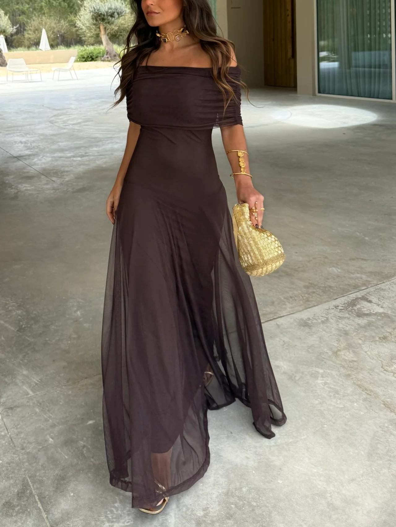 DALIA - Asymmetrical Mesh One Shoulder Dress - Brown