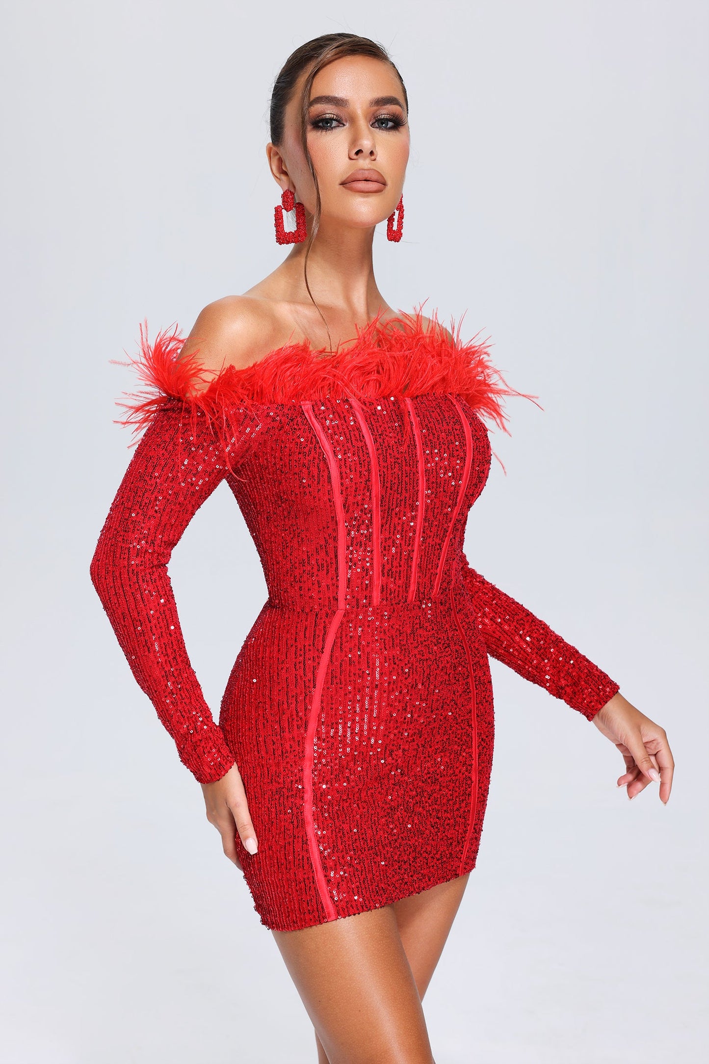 DALIA - Wooh Feather Sequin Mini Dress - Red