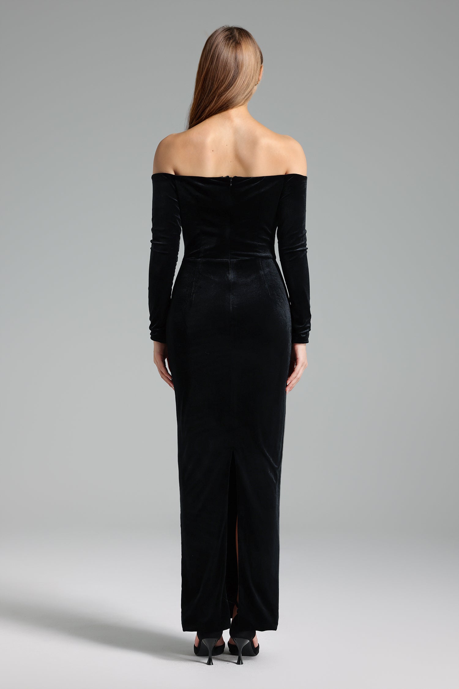 DALIA - Off Shoulders Long Sleeves Flowers Velvet Maxi Dress - Black