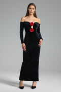 DALIA - Off Shoulders Long Sleeves Flowers Velvet Maxi Dress - Black