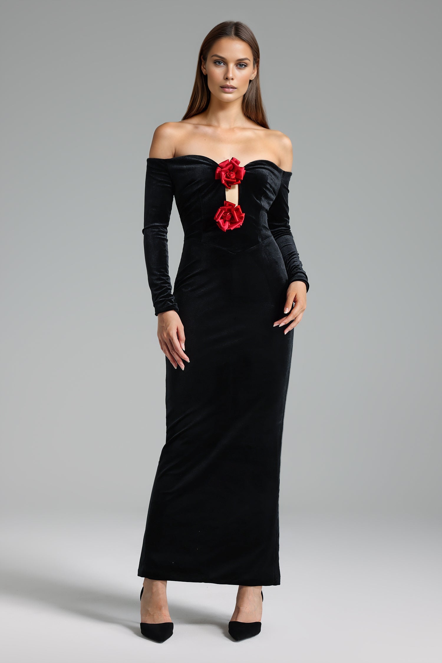 DALIA - Off Shoulders Long Sleeves Flowers Velvet Maxi Dress - Black
