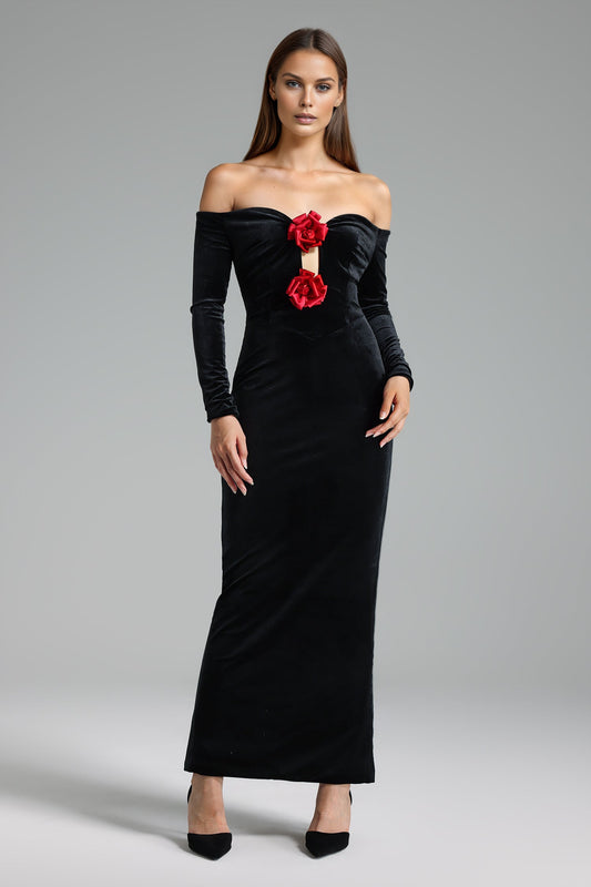 DALIA - Off Shoulders Long Sleeves Flowers Velvet Maxi Dress