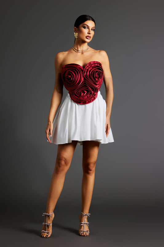 DALIA - Flower Strapless Waist Mini Dress