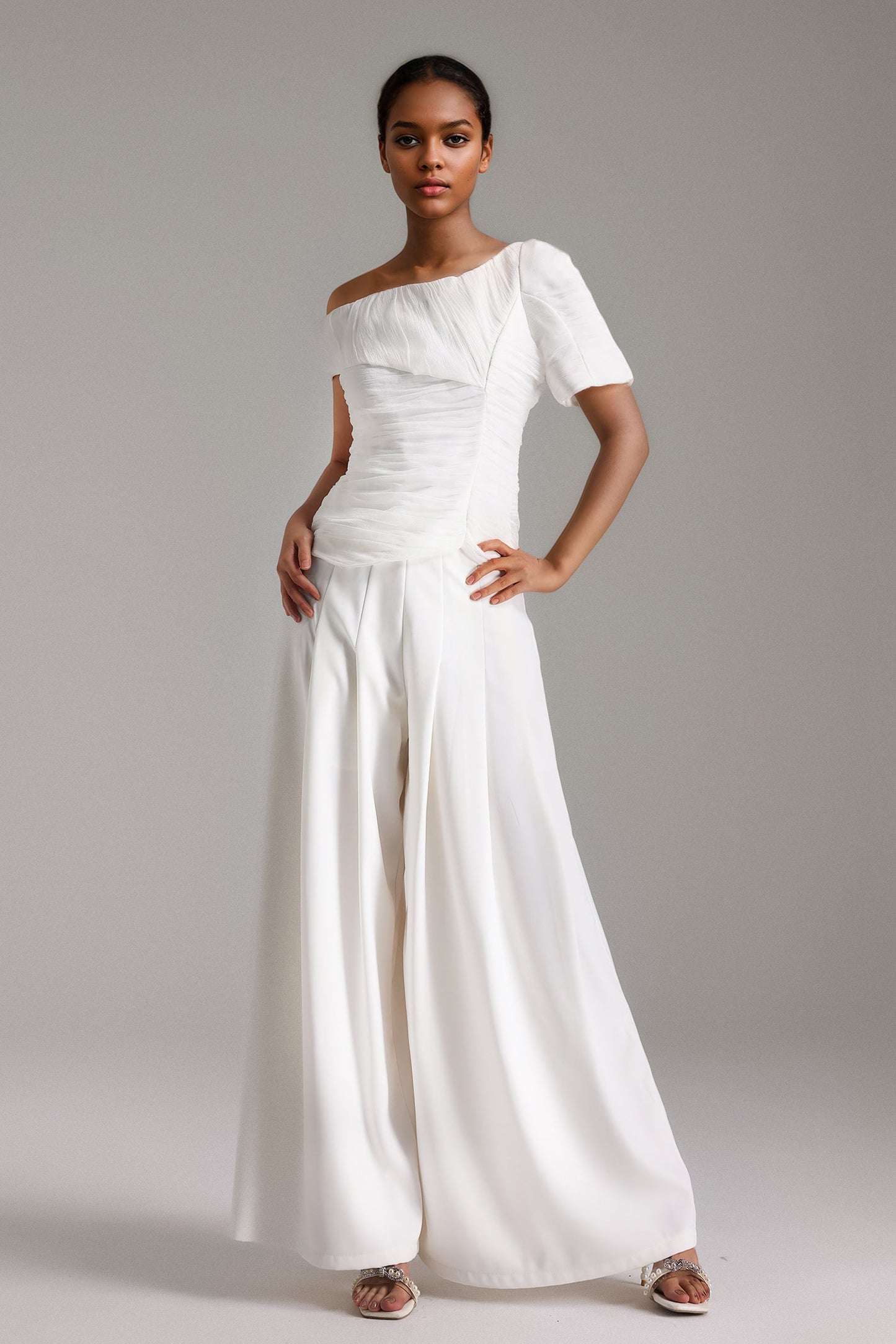DALIA -  One Shoulder Pleated Waist Pants Set