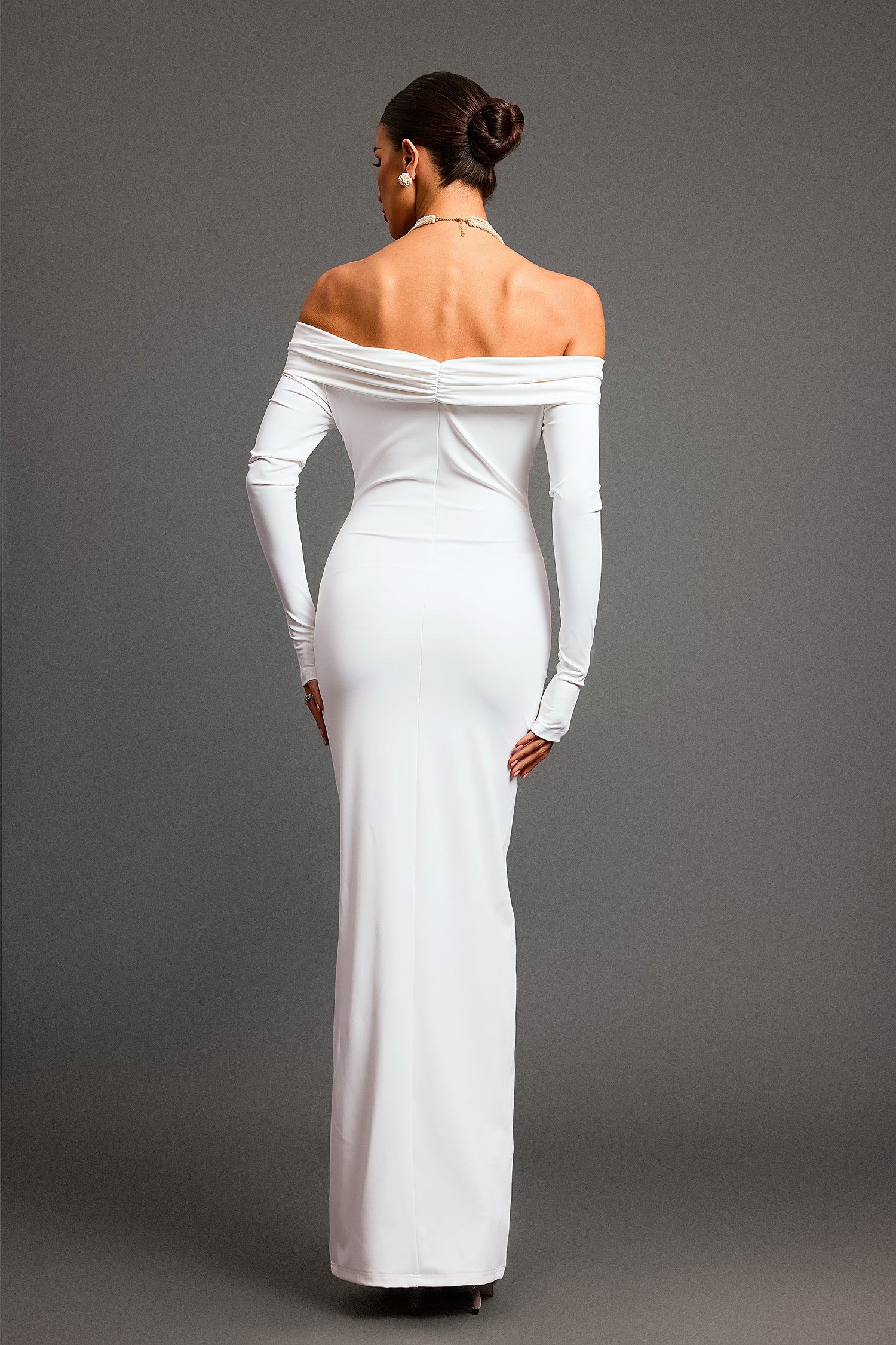 DALIA - Off Shoulder Long Sleeves Backless Maxi Dress - White