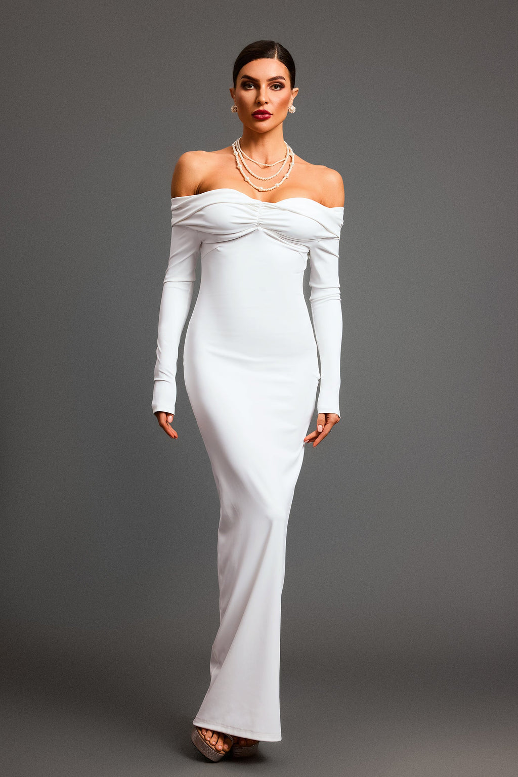 DALIA - Off Shoulder Long Sleeves Backless Maxi Dress - White
