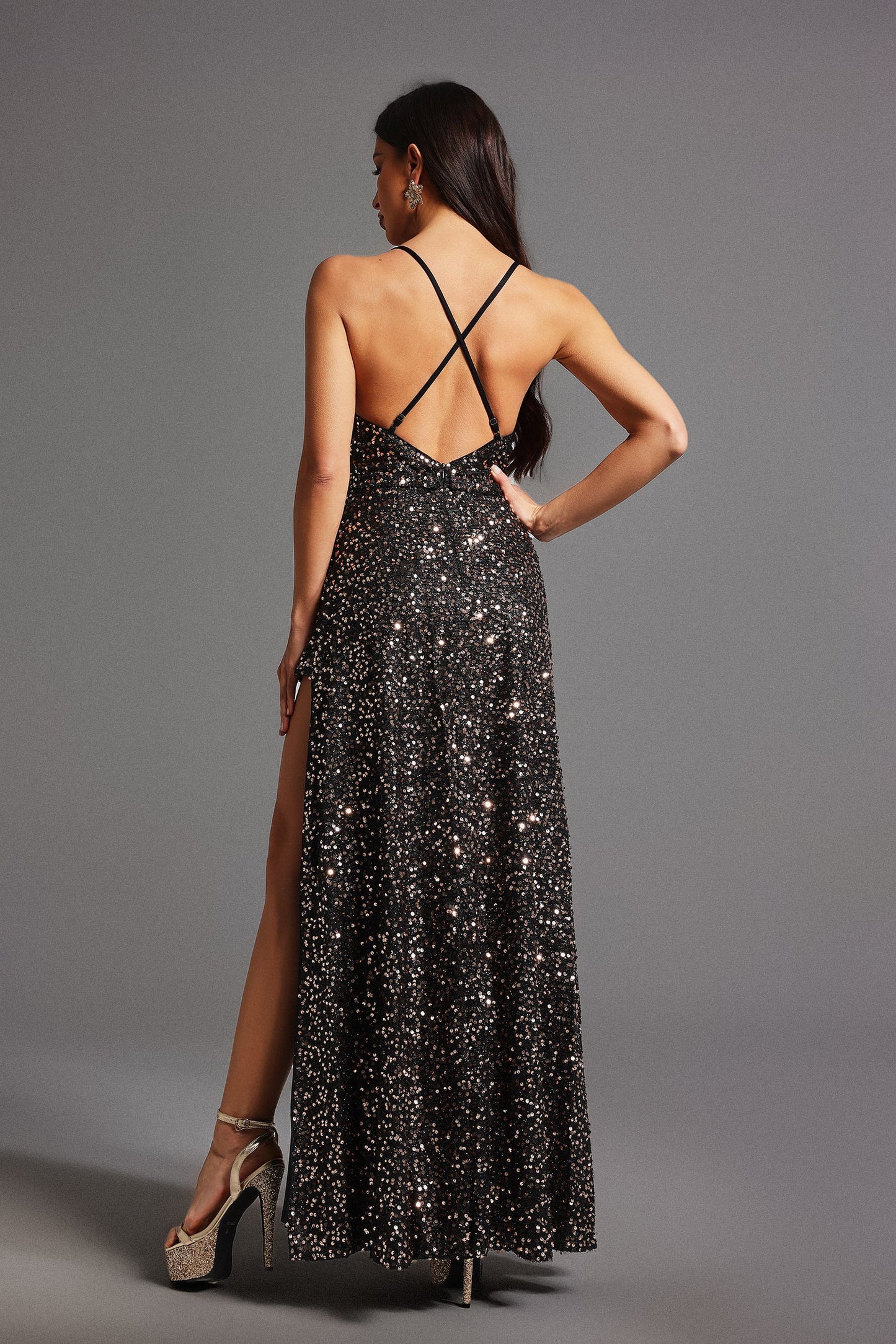 DALIA - Zavan Halter Sequin Flounce Maxi Dress