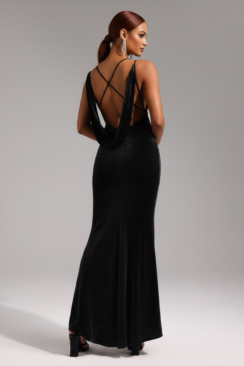 DALIA - Flowers Backless Velvet Maxi Dress - Black