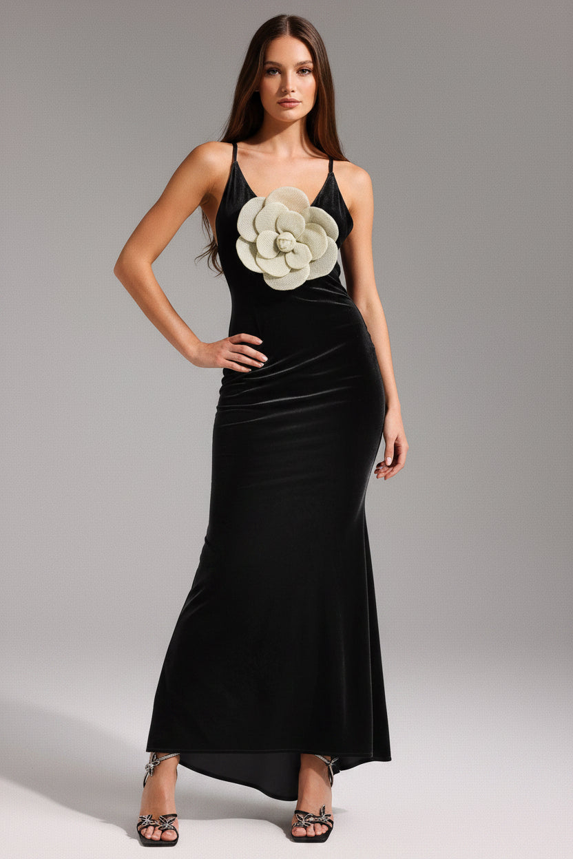 DALIA - Flowers Backless Velvet Maxi Dress - Black