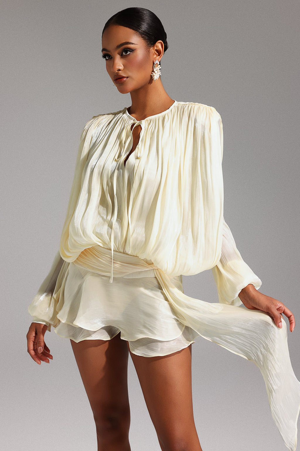 DALIA - Dekia Long Sleeve Hollow Out Flounce Mini Dress - White