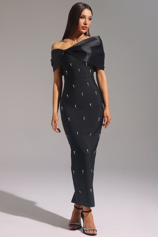 DALIA – Sukienka maxi bez rękawów na jedno ramię z kokardą w kształcie diamentu