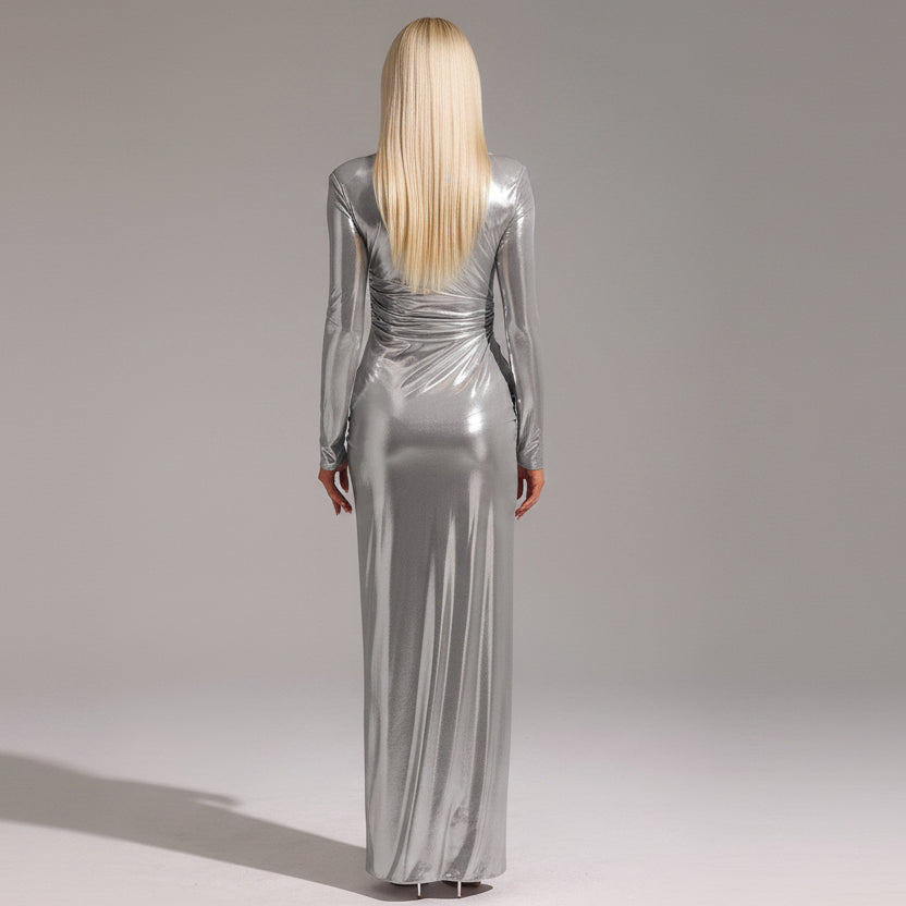 DALIA - Deep V Silver Shirr Maxi Dress