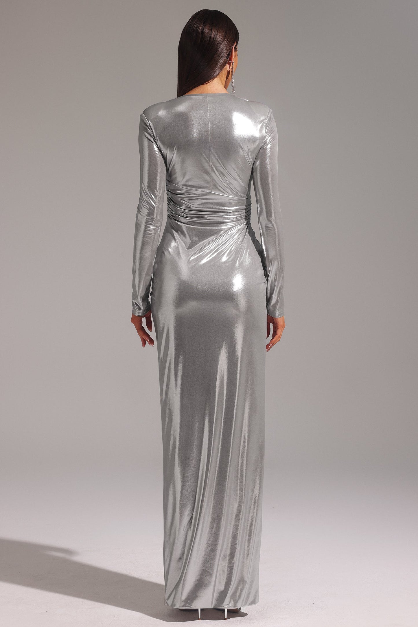 DALIA - Deep V Silver Shirr Maxi Dress