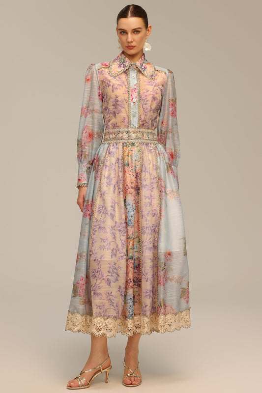 DALIA - Tweedelig setje met lange mouwen, bloemenprint en kant.