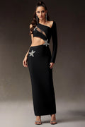 DALIA - Star Slit One Shoulder Slim Hollowed-out Bandage Maxi Dress