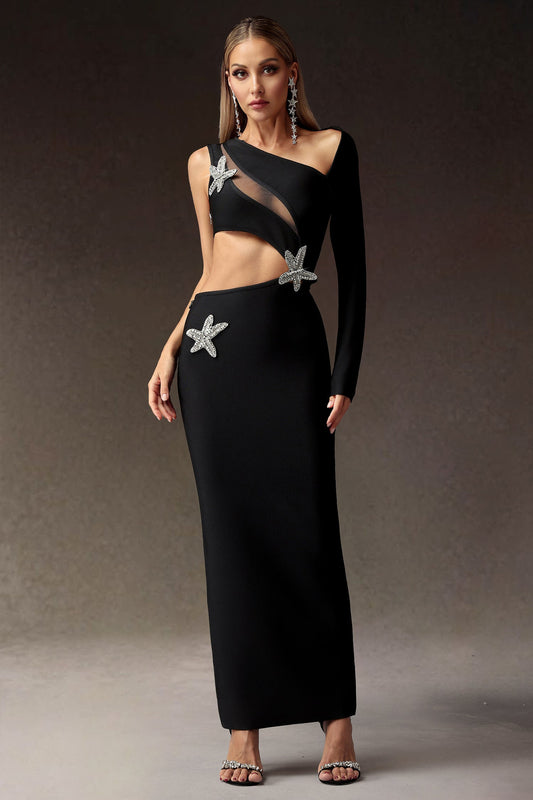 DALIA - Star Slit One Shoulder Slim Hollowed-out Bandage Maxi Dress