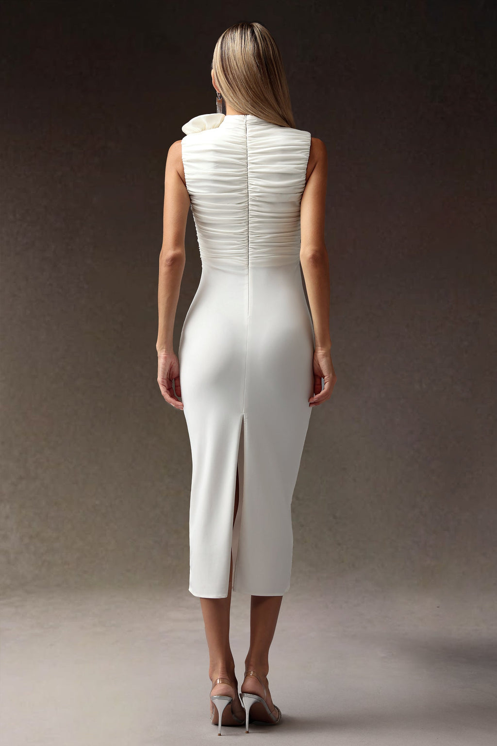 DALIA - White Flowers Slim Sleeveless Midi Dress - White
