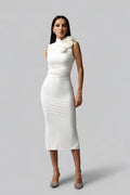 DALIA - White Flowers Slim Sleeveless Midi Dress - White