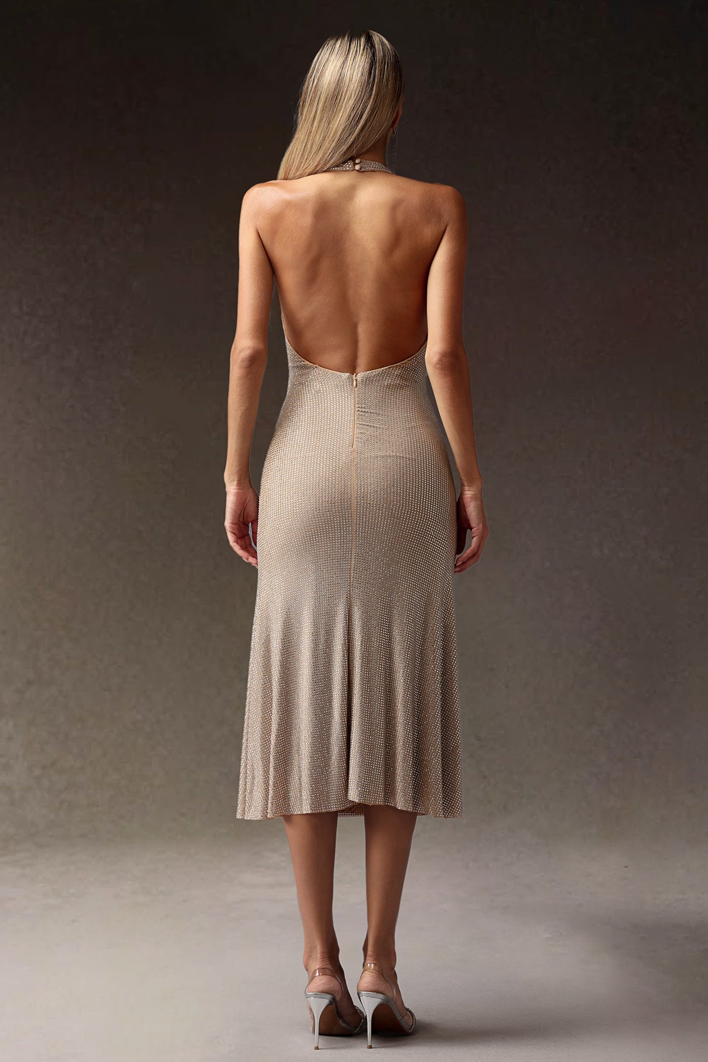 DALIA - Mary Deep-V Diamond Slim Backless Midi Dress