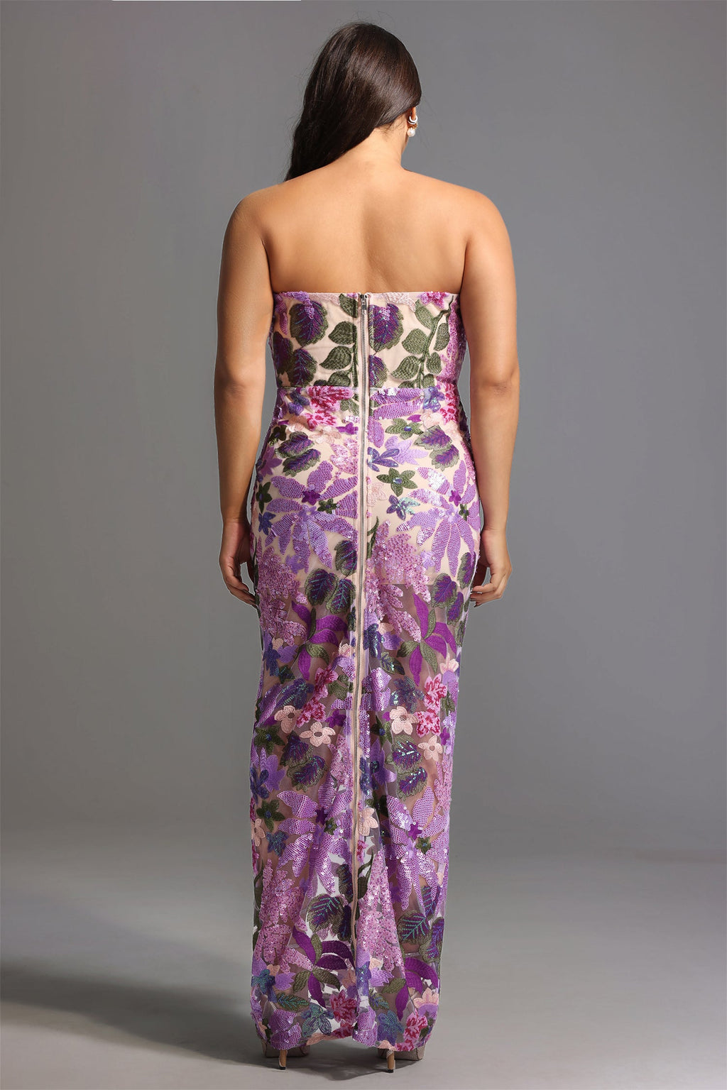 DALIA -  Flower Sequins Strapless Mesh Dress Curve