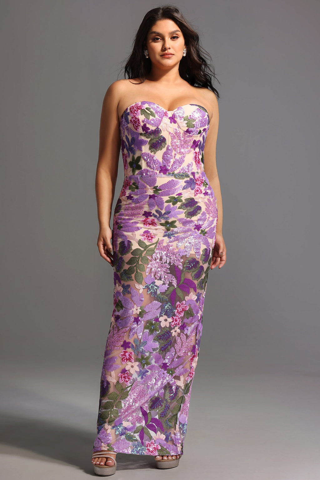 DALIA -  Flower Sequins Strapless Mesh Dress Curve