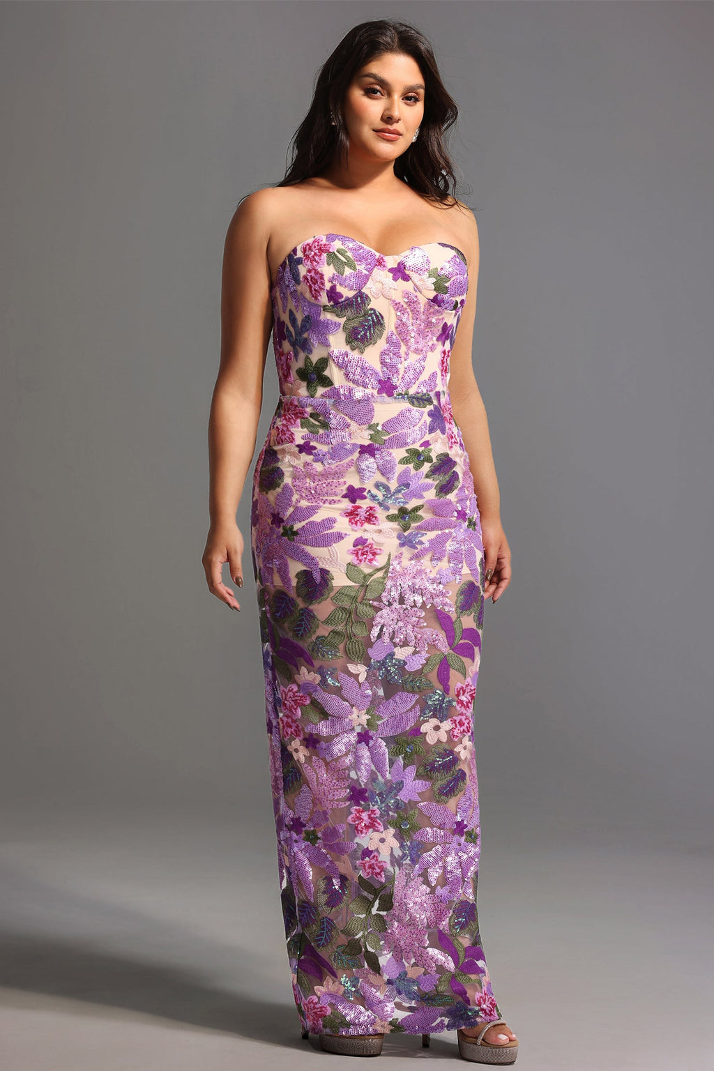 DALIA -  Flower Sequins Strapless Mesh Dress Curve
