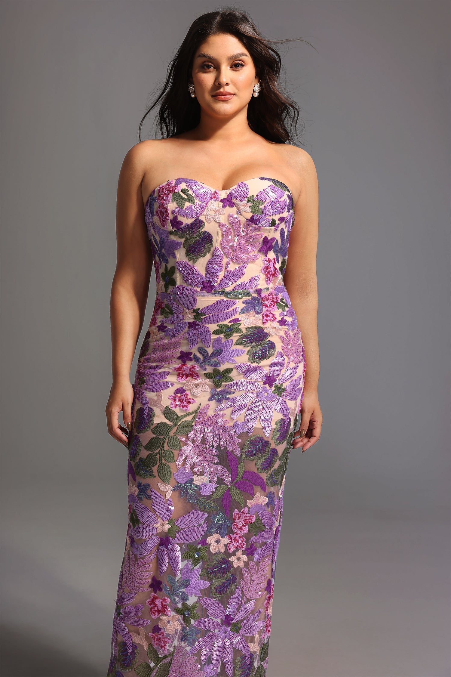 DALIA -  Flower Sequins Strapless Mesh Dress Curve