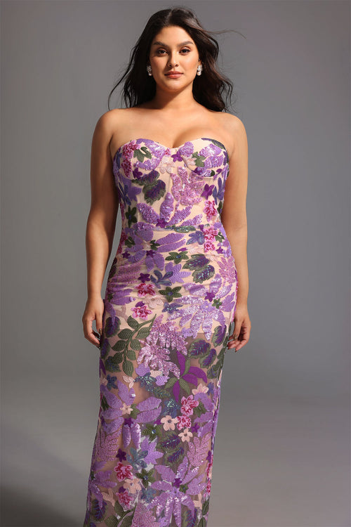 DALIA -  Flower Sequins Strapless Mesh Dress Curve