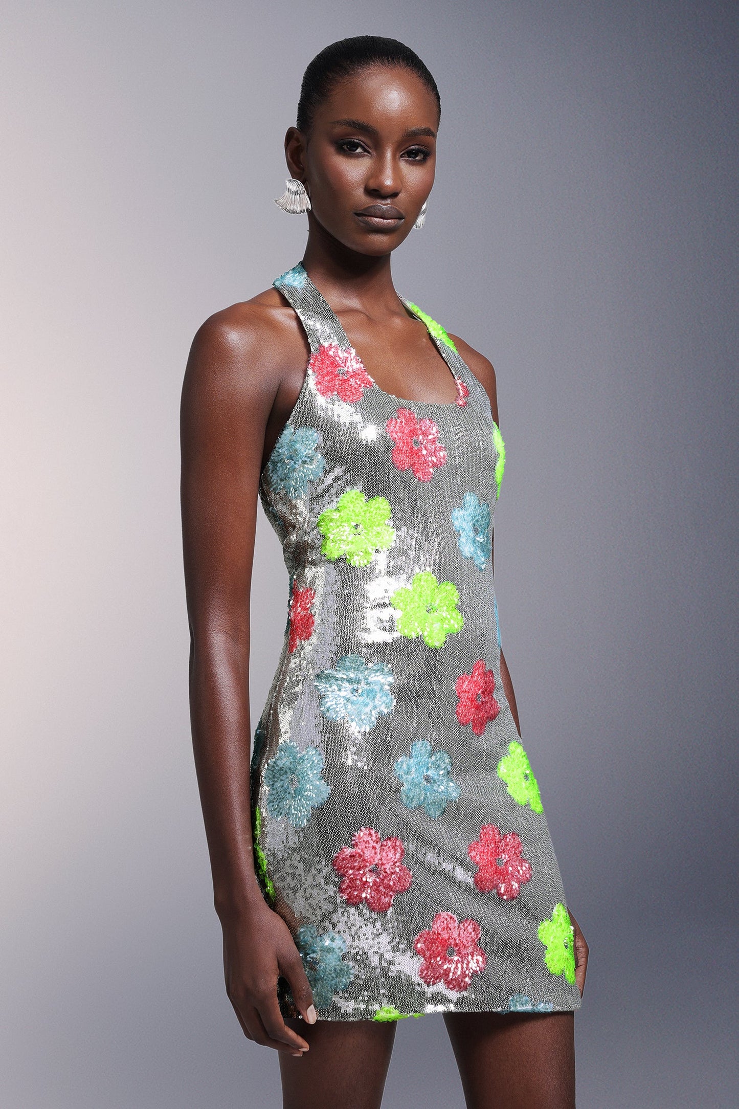 DALIA - Flowers Backless Halter Sequins Mini Dress