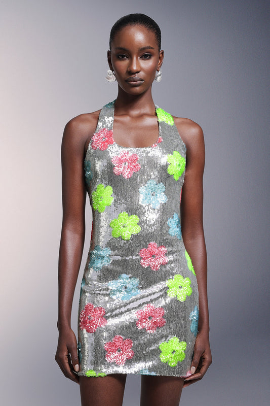 DALIA - Flowers Backless Halter Sequins Mini Dress