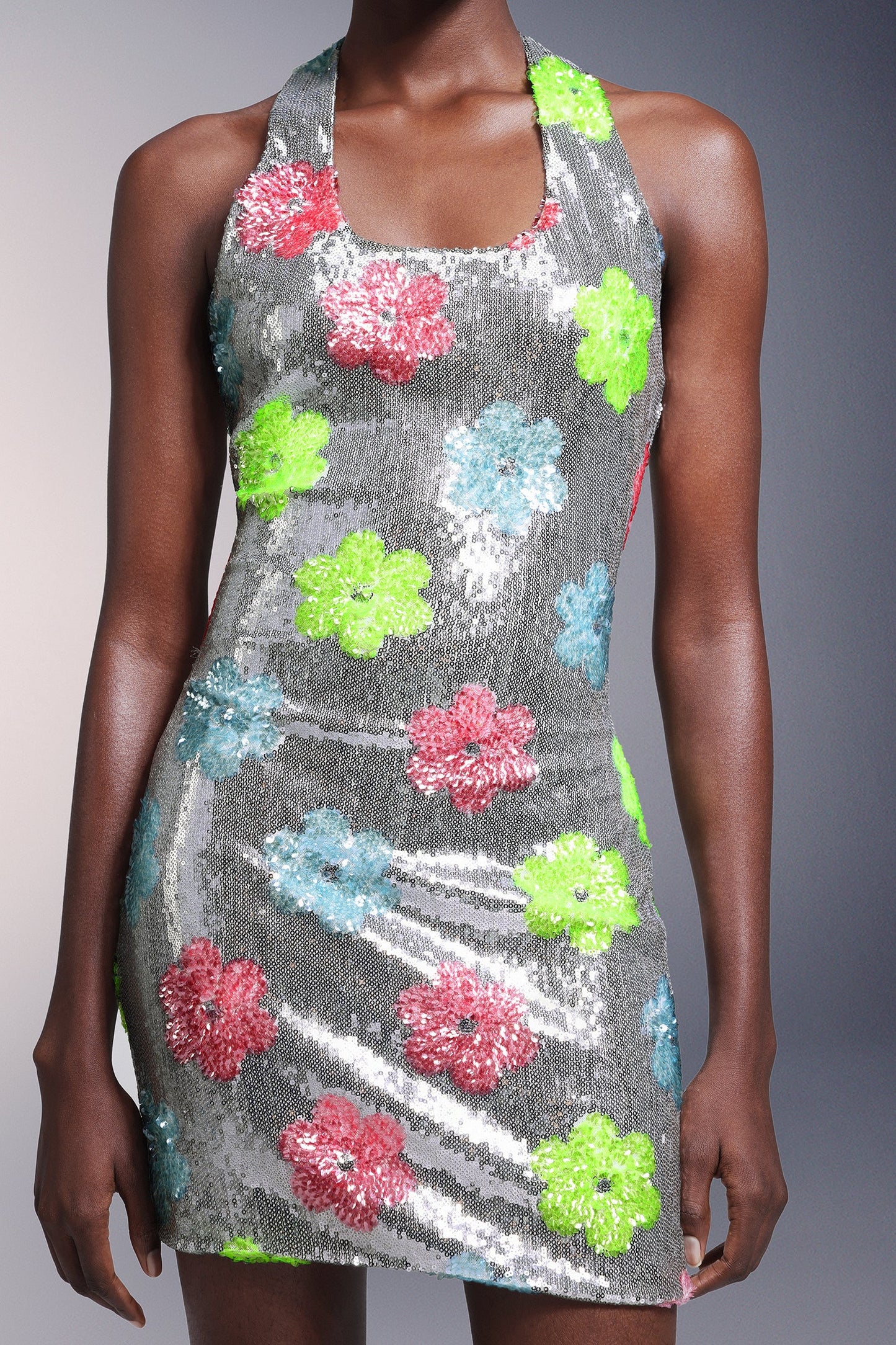 DALIA - Flowers Backless Halter Sequins Mini Dress