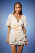 DALIA - Matalin Deep-V Short Sleeves Flowers Mini Dress - White