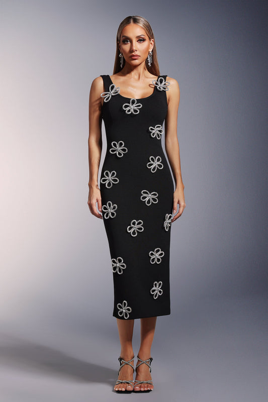 DALIA - Viane Sleeveless  Diamond Flowers Bandage Midi Dress