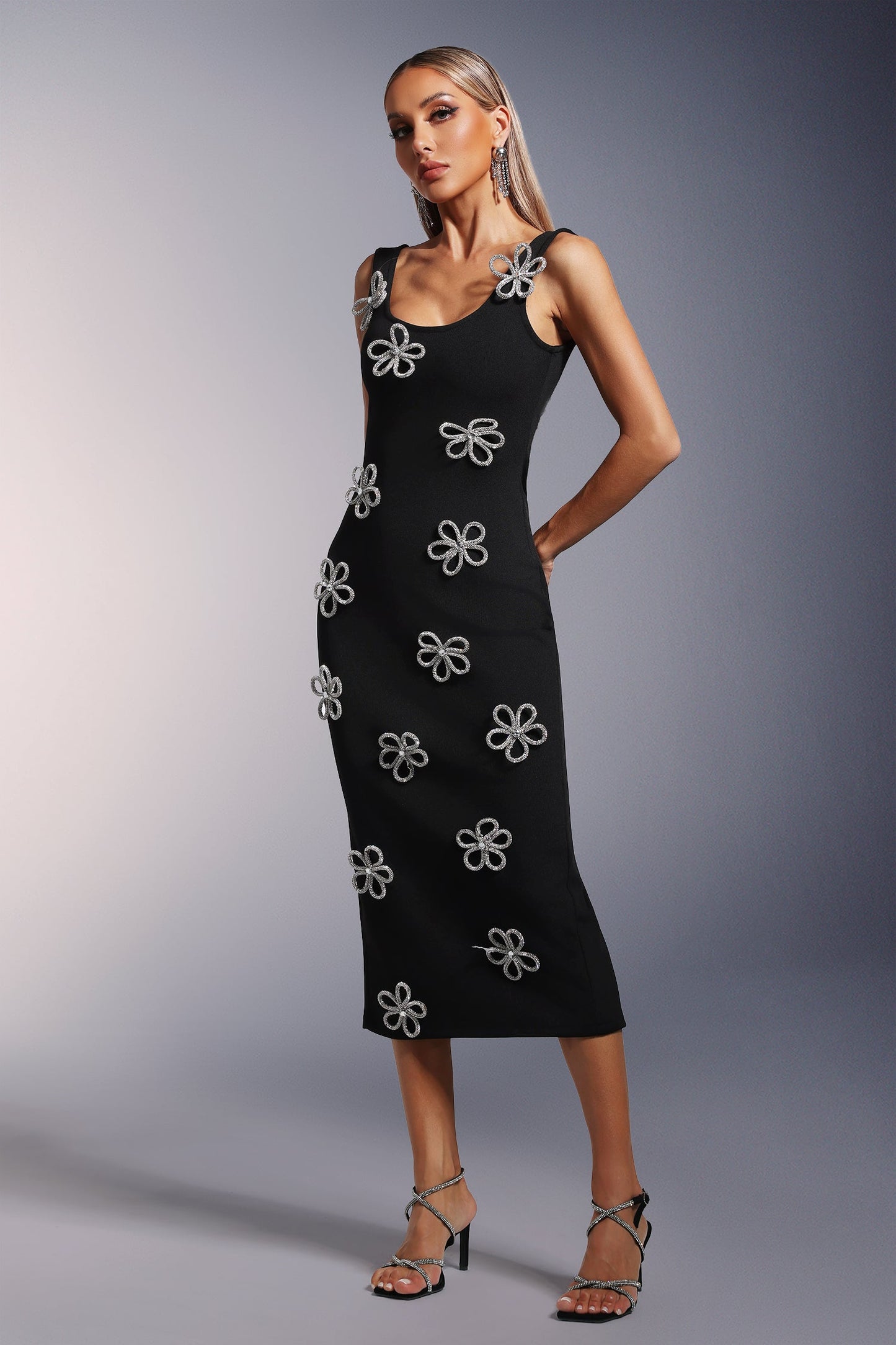 DALIA - Viane Sleeveless  Diamond Flowers Bandage Midi Dress