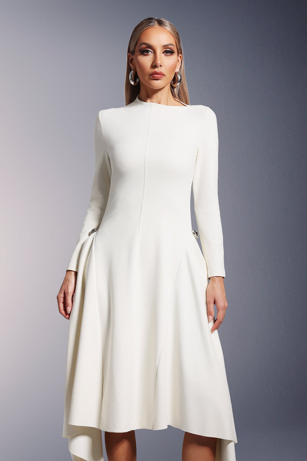 DALIA - Sylvia Long Sleeves  Midi Dress - White