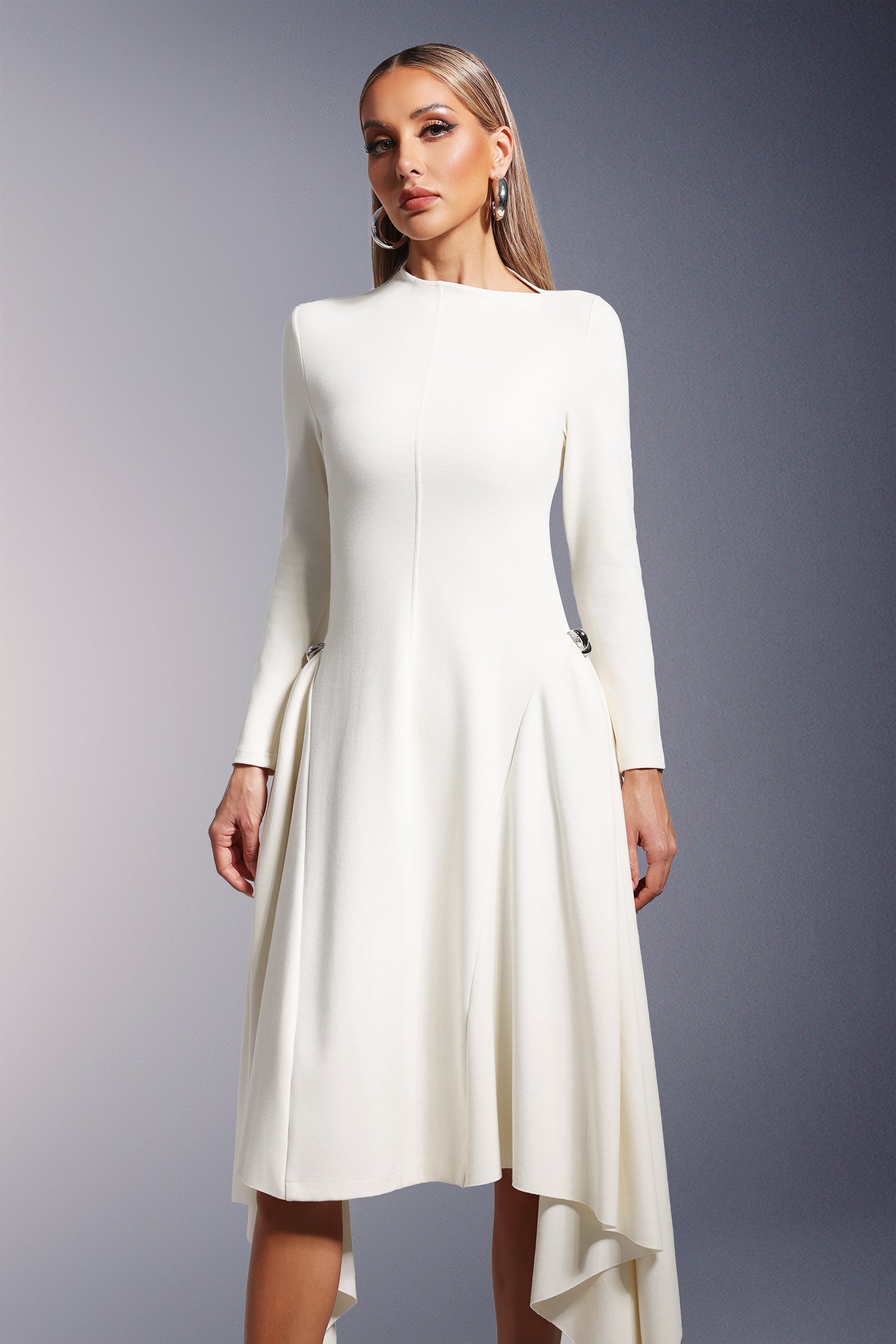 DALIA - Sylvia Long Sleeves  Midi Dress - White