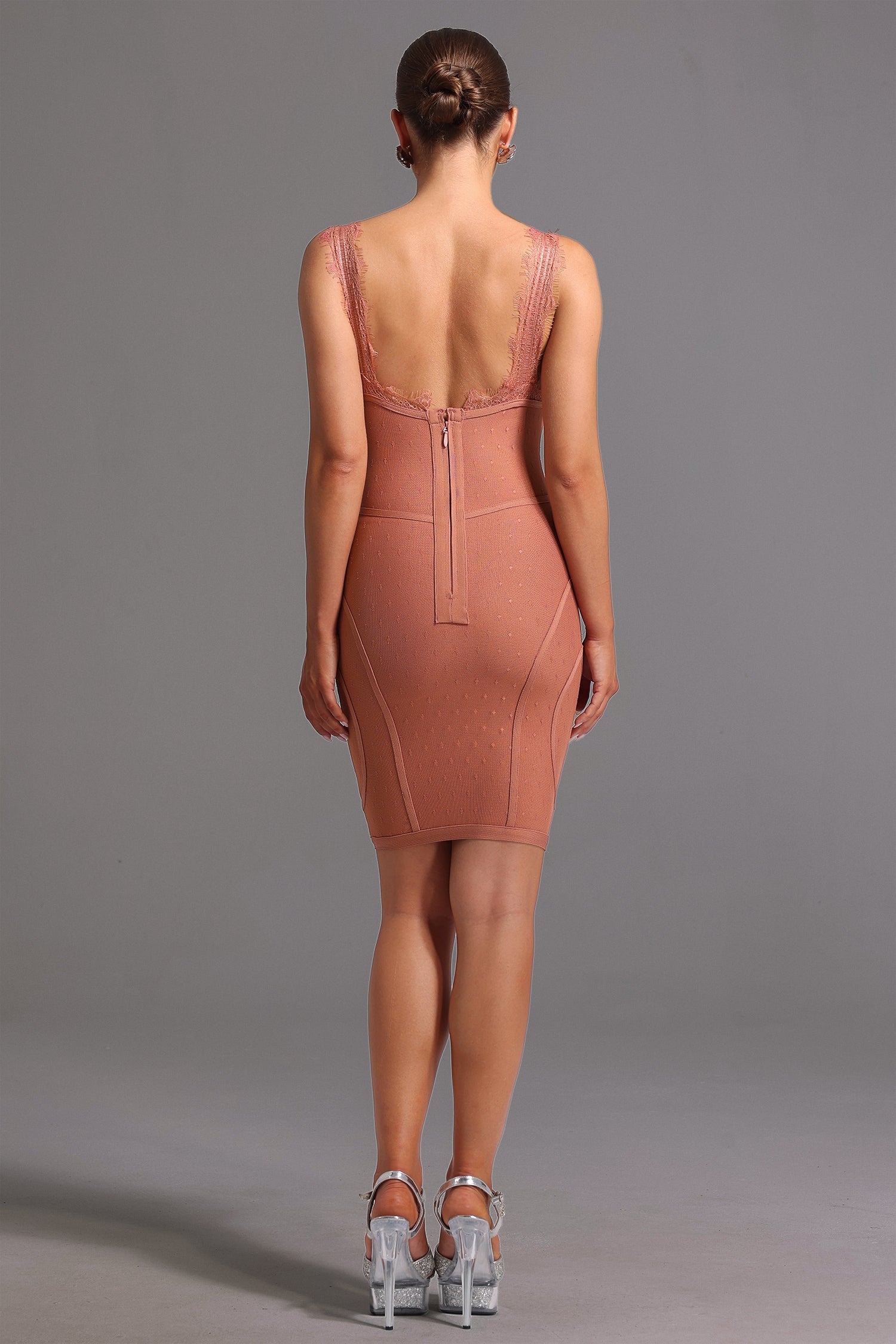 DALIA - Bandage Sleeveless V Neck Lace Mini Dress - Pink