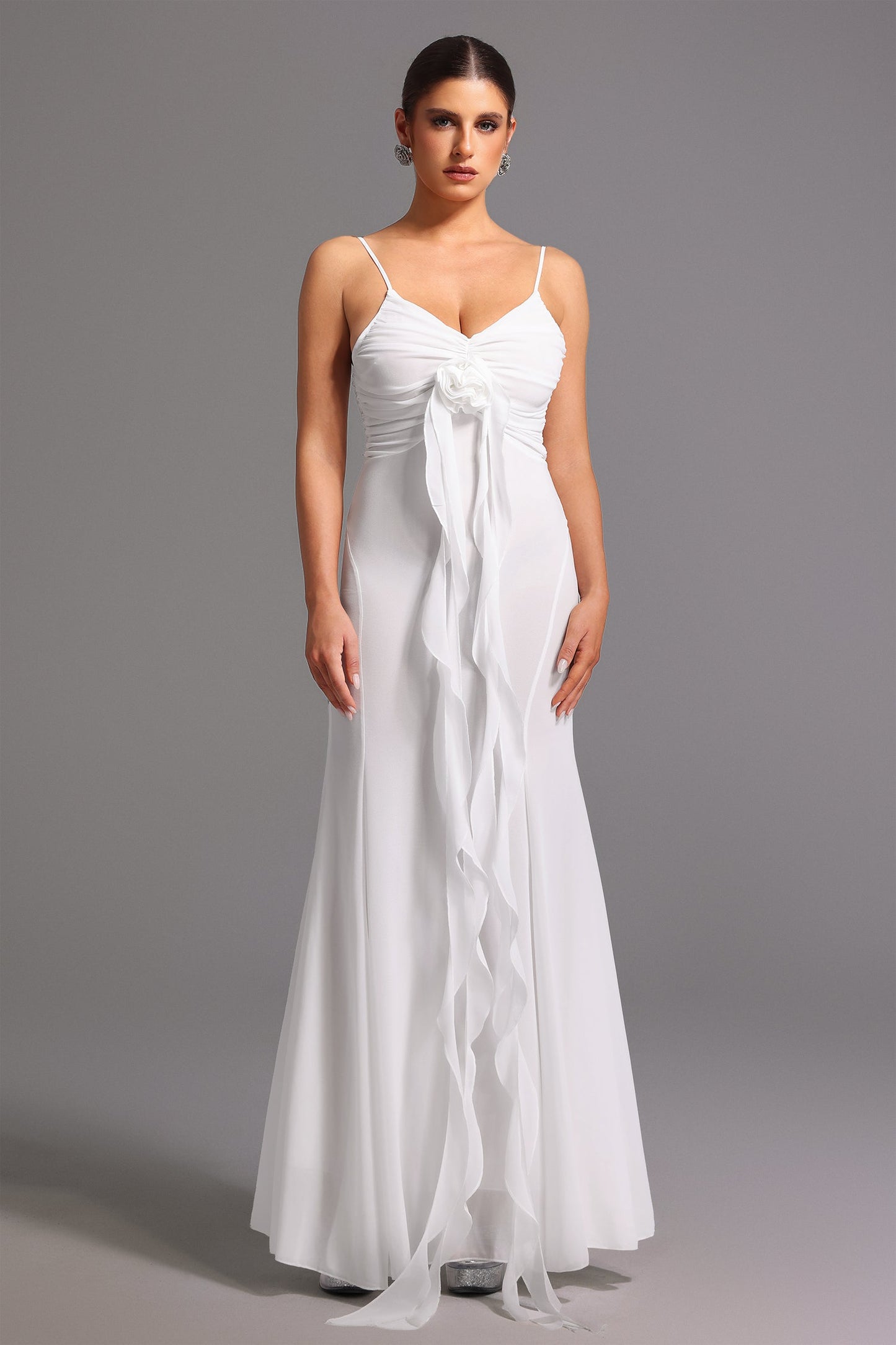 DALIA - Sleeveless Deep-V Flower Maxi Dress White