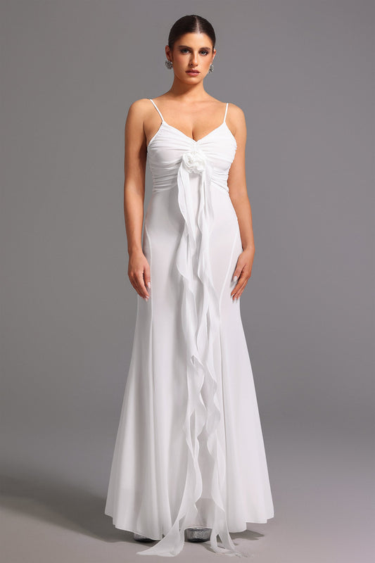 DALIA - Sleeveless Deep-V Flower Maxi Dress White