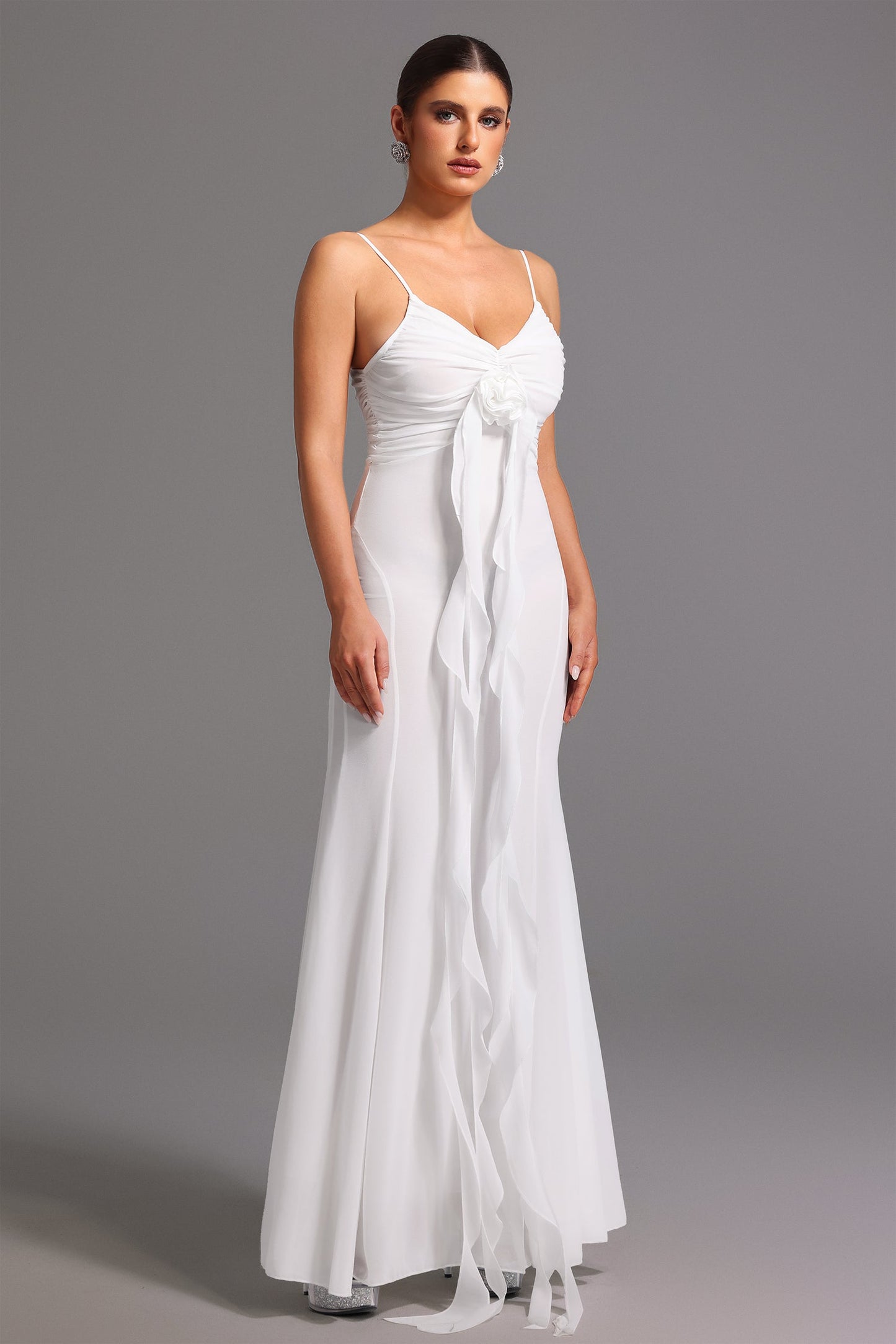 DALIA - Sleeveless Deep-V Flower Maxi Dress White
