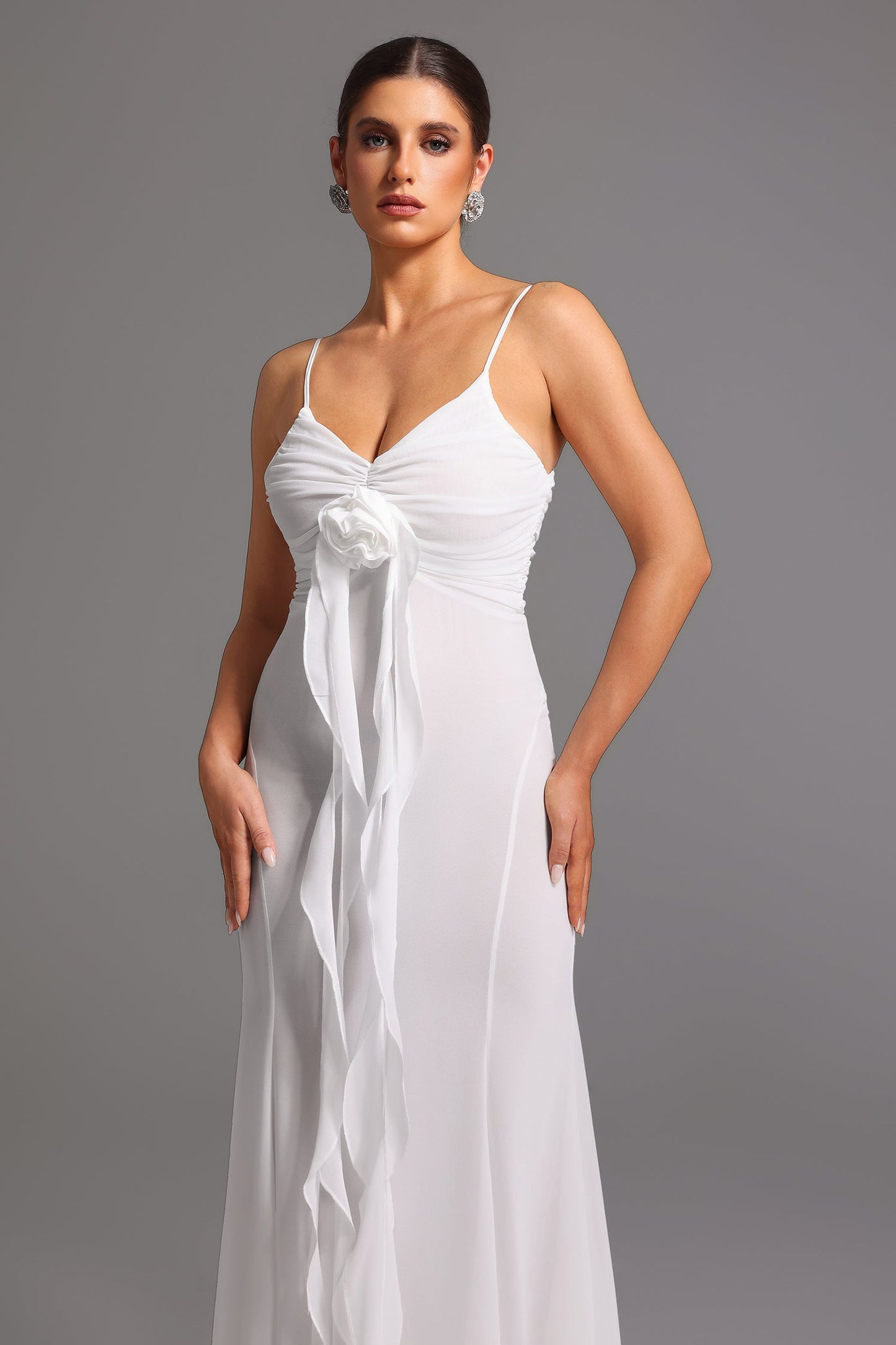 DALIA - Sleeveless Deep-V Flower Maxi Dress White