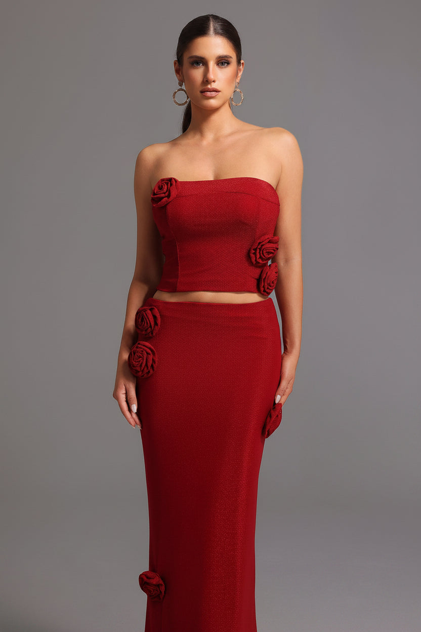 DALIA -  Strapless Flowers Maxi Set - Red