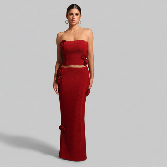 DALIA - Komplet maxi bez ramiączek z kwiatami 