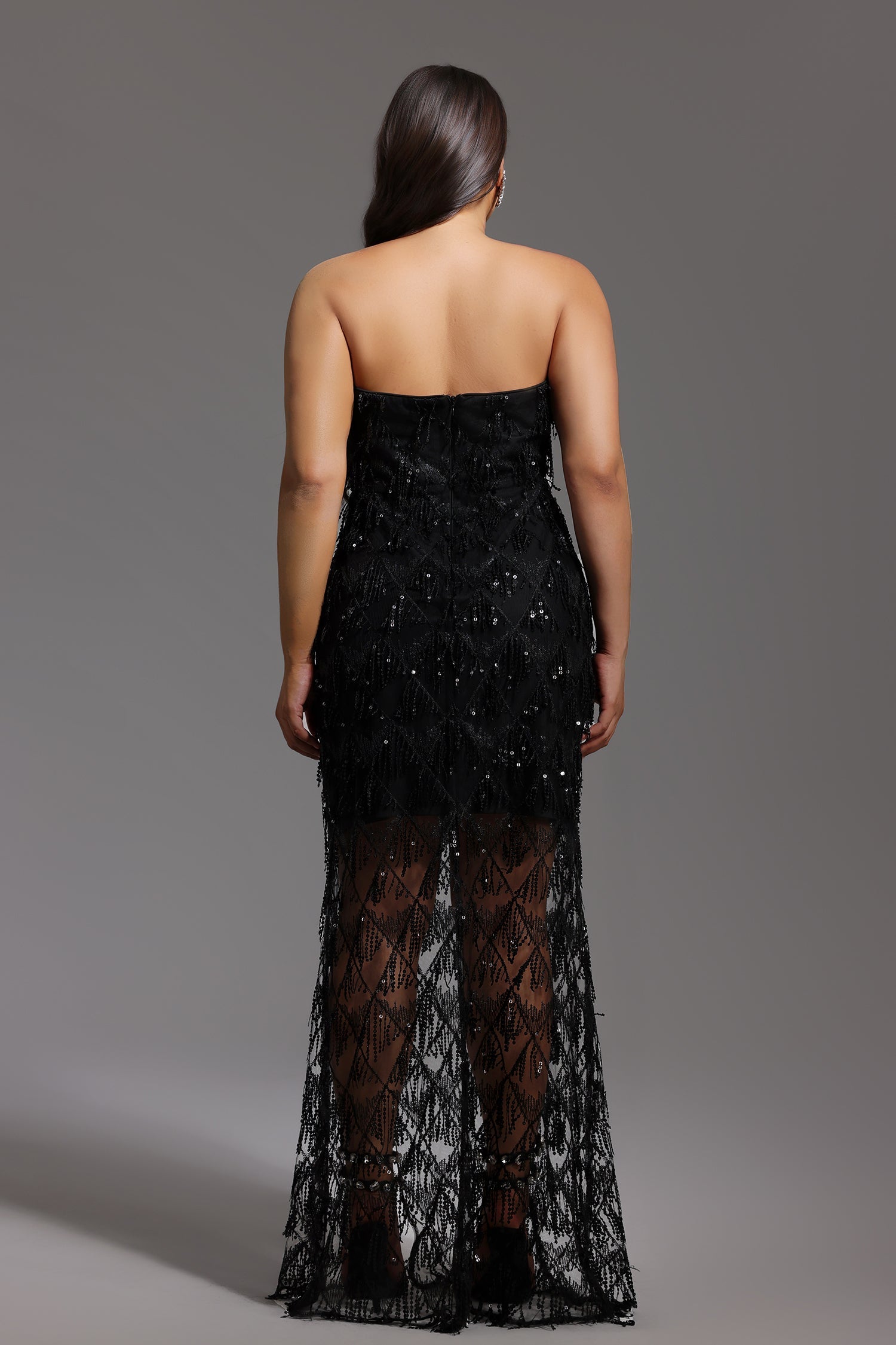 DALIA - Off Shoulder Glitter Fringe Maxi Dress Curve