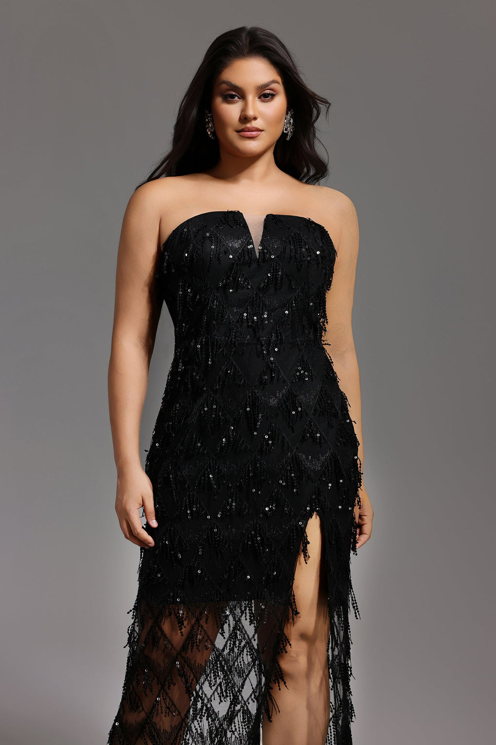 DALIA - Off Shoulder Glitter Fringe Maxi Dress Curve